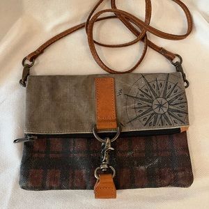 Mona B canvas compass crossbody purse. Leather strap, zipper & hook close detail